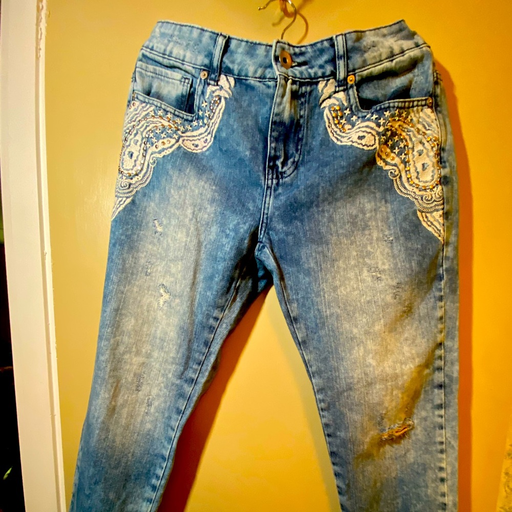 Embroidered blue jeans